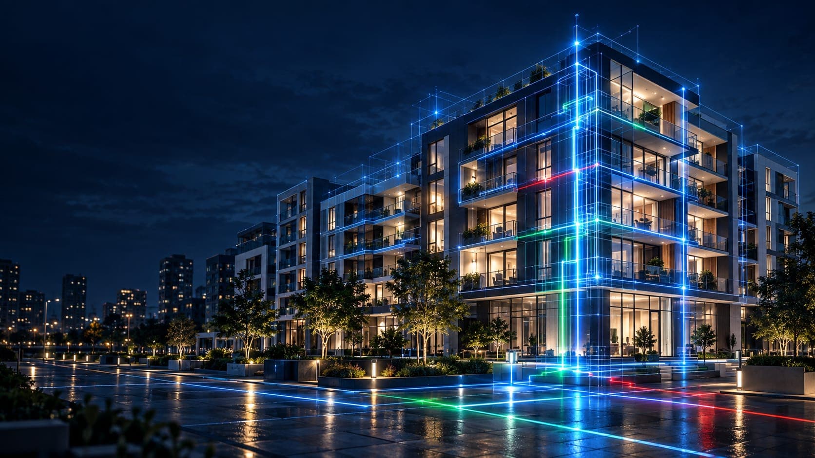 Savremena stambena zgrada sa svetlećim prikazom elektroinstalacija